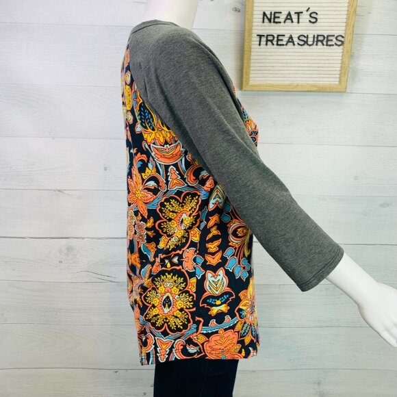 Lularoe Womens RANDY Colorful Floral Orange Blue 3/4 Gray Sleeve Top Sz XS - Picture 4 of 8